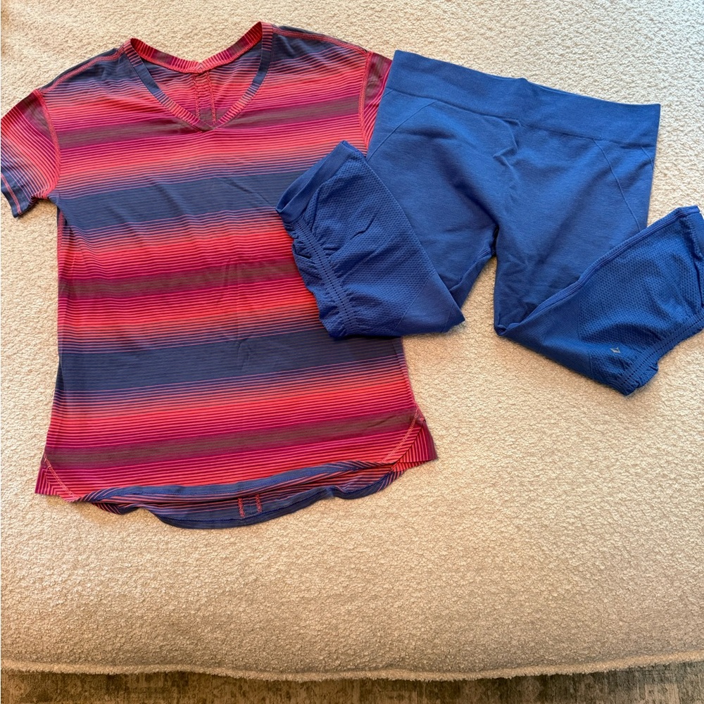 Ivivva size 14 set pink and blue striped tee with blue leggings